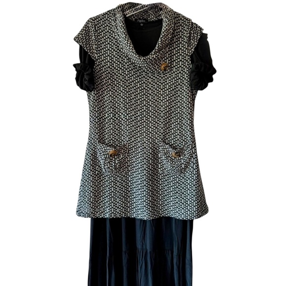 Papillon Black White Textured Cowl Neck Tunic Dress Vest with Pockets Large Top - Picture 1 of 5